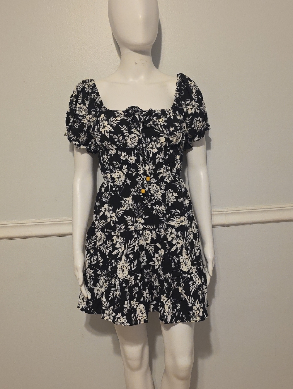 Smocked Black Mini Dress with White Floral Print